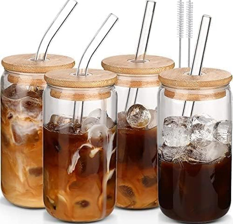 Iced Coffee Cup,Glass Cups with Lids and Straw